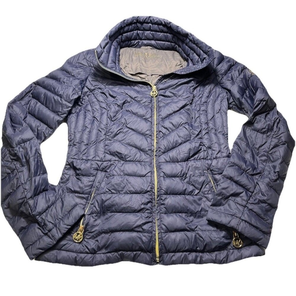Michael Kors Packable Puffer Jacket Womens XS Navy Green Plaid Zip Up Coat